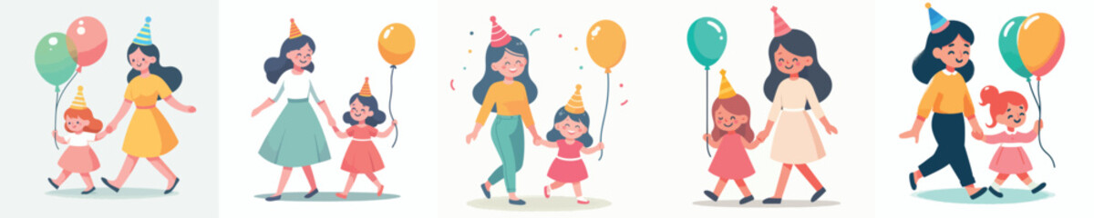 vector of a mother and son walking to buy balloons during New Year