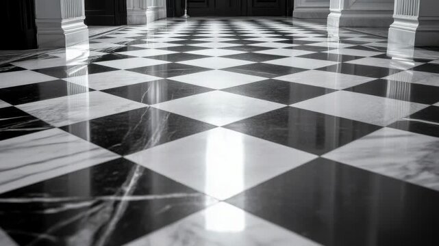 Video A simple yet elegant design featuring a black and white checkered floor with columns, ideal for use in minimalist or industrial-themed designs