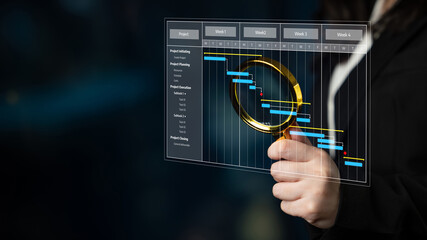 A business professional examines a digital Gantt chart through a magnifying glass, emphasizing project management, organization, and workflow analysis for improved productivity. Tessel