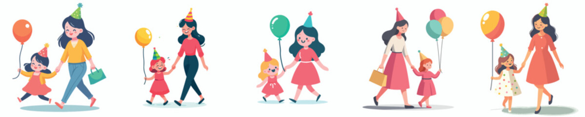 vector of a mother and son walking to buy balloons during New Year