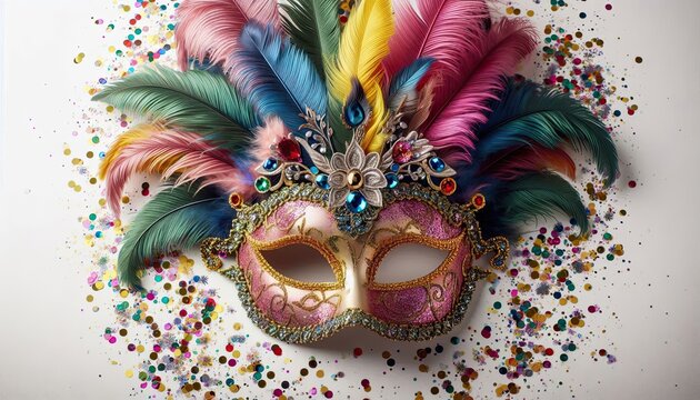 Bright carnival mask with feathers and glitter arranged as a festive flat lay on white.