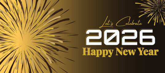 Happy New Year 2026 Banner with Gold Fireworks and Hanging Ornaments on Dark Blue Background