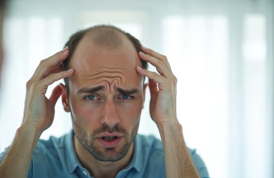 Young man looks in mirror. He touches his head and worries about hair loss. Male feels stressed about thinning hair and receding hairline. He thinks about balding.