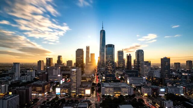 Dramatic Skyscraper Time-Lapse Captures Cityscape Evolution from Dusk Till Dawn Displaying Urban