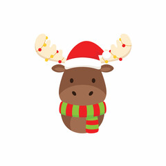 Cute Christmas Reindeer Illustration with Santa Hat and Scarf