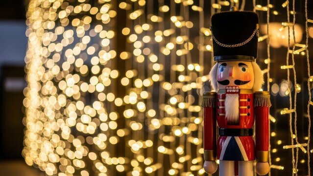 Nutcracker soldier doll stands amidst warm festive bokeh lights.