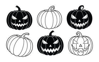 Halloween pumpkin vector set of spooky carved faces