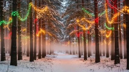 Festive holiday lights adorn a serene snowy pine forest path.