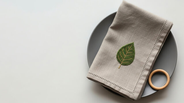 Natural linen napkin with leaf design on gray plate  