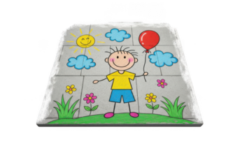 Cartoon child with balloon and sun on a puzzle mat isolated on transparent background