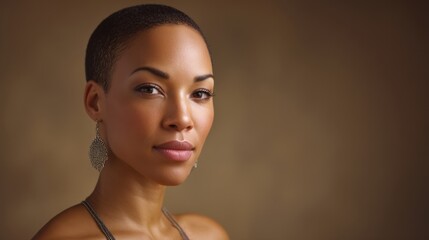 Confident Woman with Short Hair in Elegant Earrings Posing Against a Soft Brown Background, Capturing Beauty and Strength in Portrait Photography