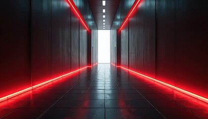 Fototapeta premium Futuristic dark corridor with red neon lights along walls and floor tiles reflecting the glow. The passage leads to a bright white opening at the end of the hallway.