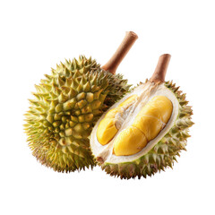 Fototapeta premium Fresh durians placed on a white background showcasing their spiky exterior and creamy yellow flesh