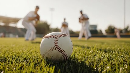 Baseball Team Practice: Close-Up of Ball on Field, Team in Background - Powered by Adobe