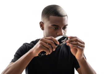 Man examining a small object closely with his hands isolated on transparent background