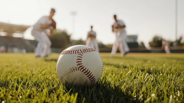 Baseball Team Practice: Close-Up of Ball on Field, Team in Background