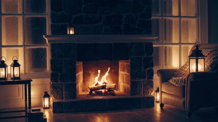 Cozy fireplace with flickering flames in a warm, rustic living room setting - Powered by Adobe