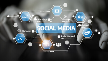 A futuristic representation of hands interacting with social media icons, showcasing modern communication and connectivity through innovative digital interfaces and engaging symbols. Tessel