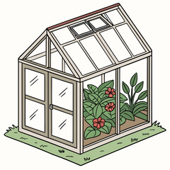A charming isometric illustration of a greenhouse filled with lush green plants and vibrant red flowers on a grassy lawn