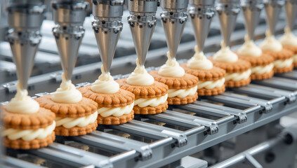 Automated cookie production line with cream filling process