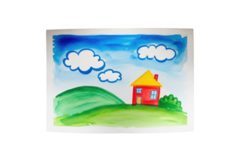 Watercolor painting of a red house on a green hill under a blue sky with clouds isolated on transparent background