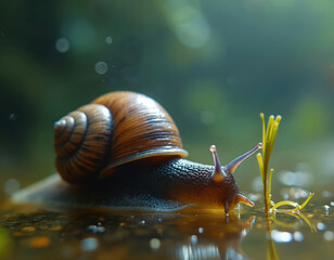 Garden snail creeps slowly on wet surface near green plant sprout. Small mollusc with spiral shell moves through shallow water during daytime. Wildlife macro shot.