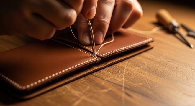 Close-up of hands sewing leather wallet with thread.
