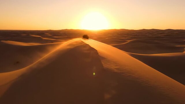 Sunset over desert dunes with blowing sand and warm golden glow captured in wide shot