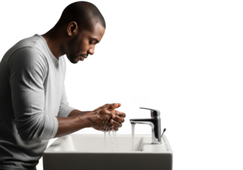 Man washing hands at a sink with running water isolated on transparent background