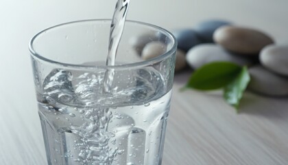 clear water poured into glass beside smooth stone creating minimal wellness theme linked to purity and relaxation