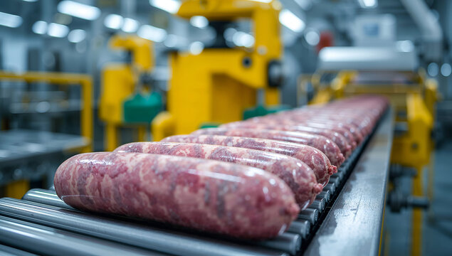 Sausage production line with raw sausages on a conveyor belt in a food factory - Powered by Adobe