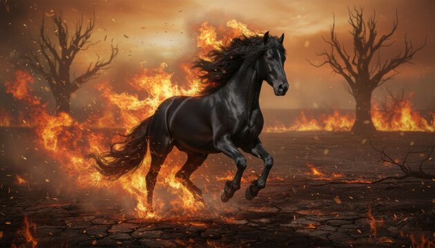 black horse running through burning landscape symbolizing power and transformation for mythical fire theme in wild terrain under dramatic sky