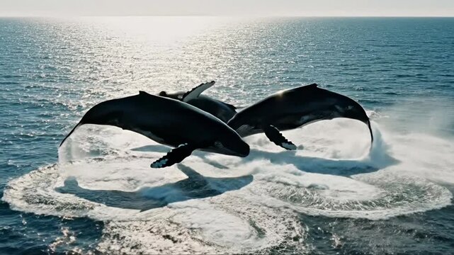 Spectacular aerial footage capturing breaching humpback whales playing in turquoise ocean waters