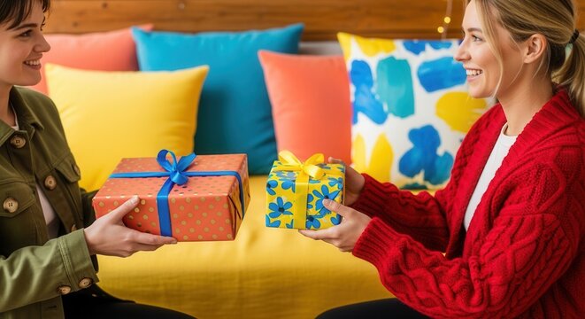 Two happy women exchanging gifts in a cozy room. Friends celebrating a birthday or holiday together. The joy of giving and the joyconomy trend