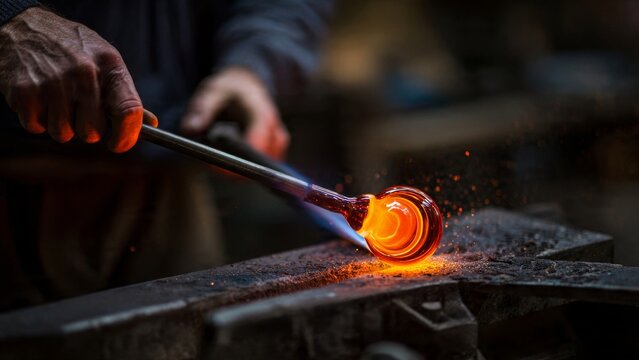 Glassblower Shaping Molten Glass with Tool
