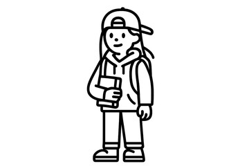 Obraz premium Student wearing a baseball cap and hoodie carrying a backpack and holding a book