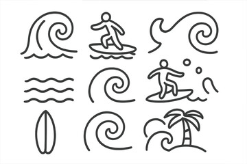 Obraz premium Outline surfing elements including ocean waves, surfers riding boards, and tropical beach scenery