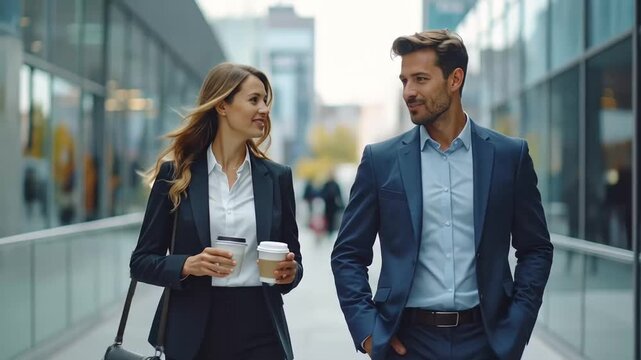 Business Professionals Walking with Coffee near Office - Powered by Adobe