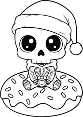 Cute skeleton in Santa hat and hoodie sitting on donut, festive cartoon character, holiday dessert theme, funny art, flat vector illustration