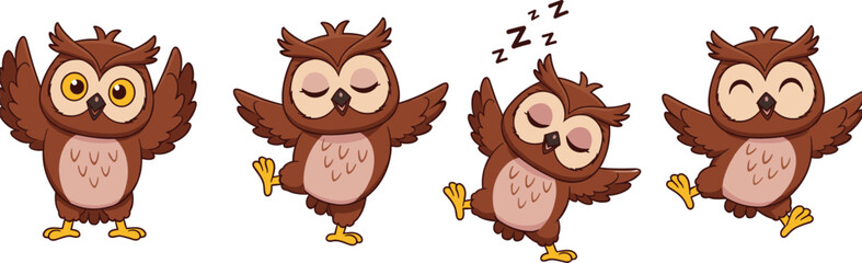 Cartoon owl character set with emotions, sleeping, dancing, meditating, surprised poses, cute bird icons, flat vector illustration