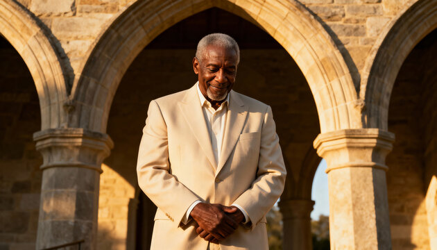 A senior African American man in a suit with a contemplative expression. Elderly Black gentleman praying with faith outside a church during golden hour. Spirituality and gratitude concept