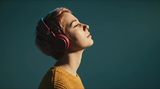 Woman listens to music with headphone. Portrait profile shows calm closed eyes. Young listener appears relaxed while listening. Headphone and face convey mood and relaxation. Concept music relaxation.