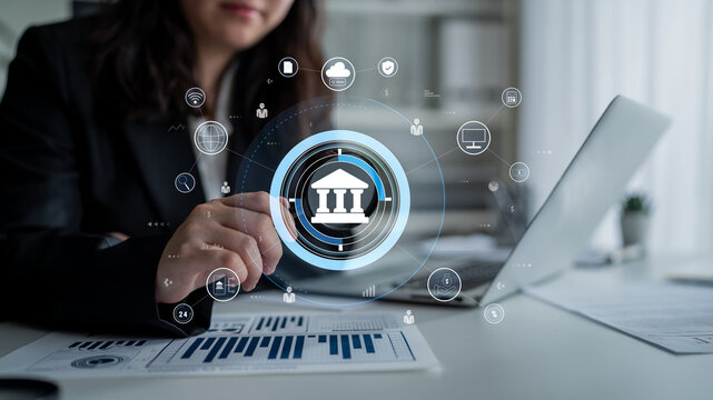 A global FinTech and digital banking network technology concept. A central financial system connected to the worldwide digital economy and services. Motif