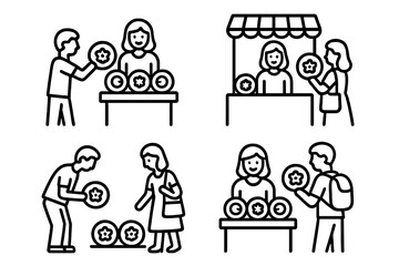 Simple icons depicting customers and vendors exchanging goods at a marketplace or street stall