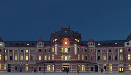 Fototapeta premium Modern Ukiyo-e style illustration of Tokyo Station Marunouchi red brick building, Japan travel background with copy space