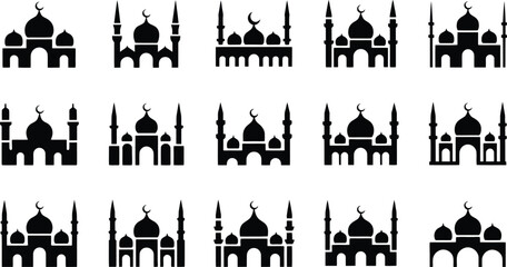 Collection of mosque silhouettes representing islamic architecture and religious buildings ideal for ramadan eid and muslim community designs and cultural celebrations