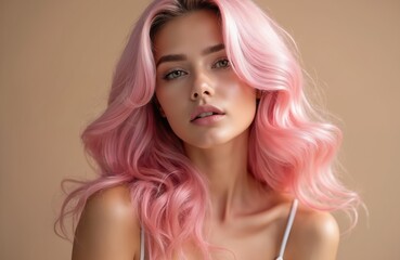 Fototapeta premium Young woman with long wavy pink hair, green eyes on beige background. Female model with pink coiffure. Beautiful caucasian lady with stylish hairstyle, natural make-up in studio. Pretty girl with