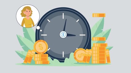 2D financial growth animation showing clock and coins symbolizing investment, wealth, savings, time management, money growth and economic success concept - Powered by Adobe