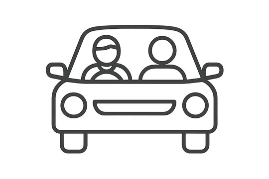 Front view of a car carrying a driver and passenger representing ride sharing service