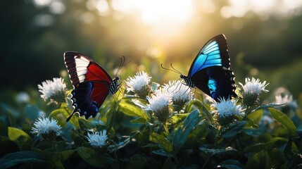 Two vibrant butterflies, one with striking red and white wings and the other with iridescent blue, perched on delicate white wildflowers in a lush green garden bathed in warm golden sunlight.